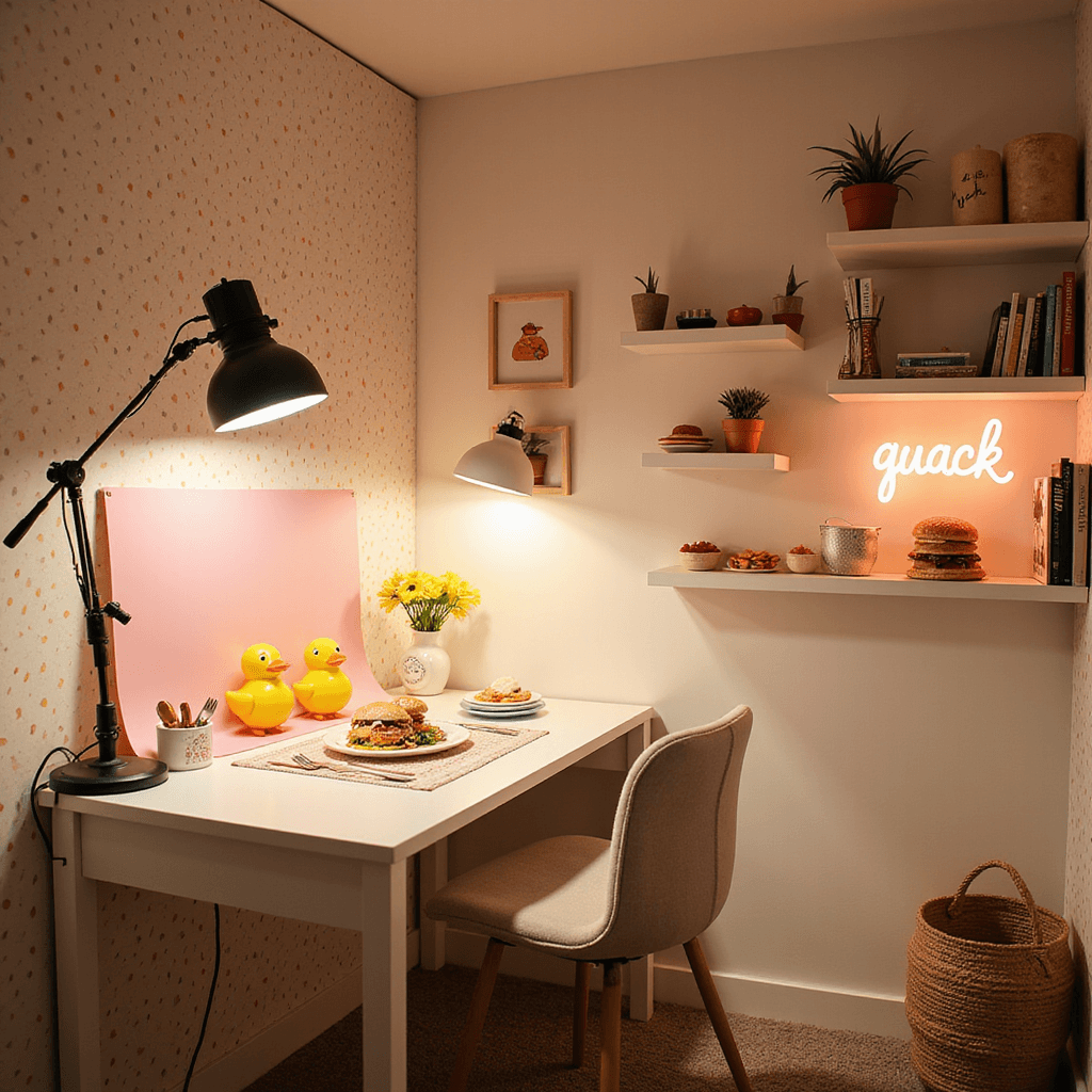 A whimsical home office turned paper duck food photo studio, featuring a playful polka dot wallpaper, a small white desk with professional lighting, a pastel pink backdrop, and floating shelves displaying miniature food creations; the scene is warmly lit with a quirky 'quack' neon sign.