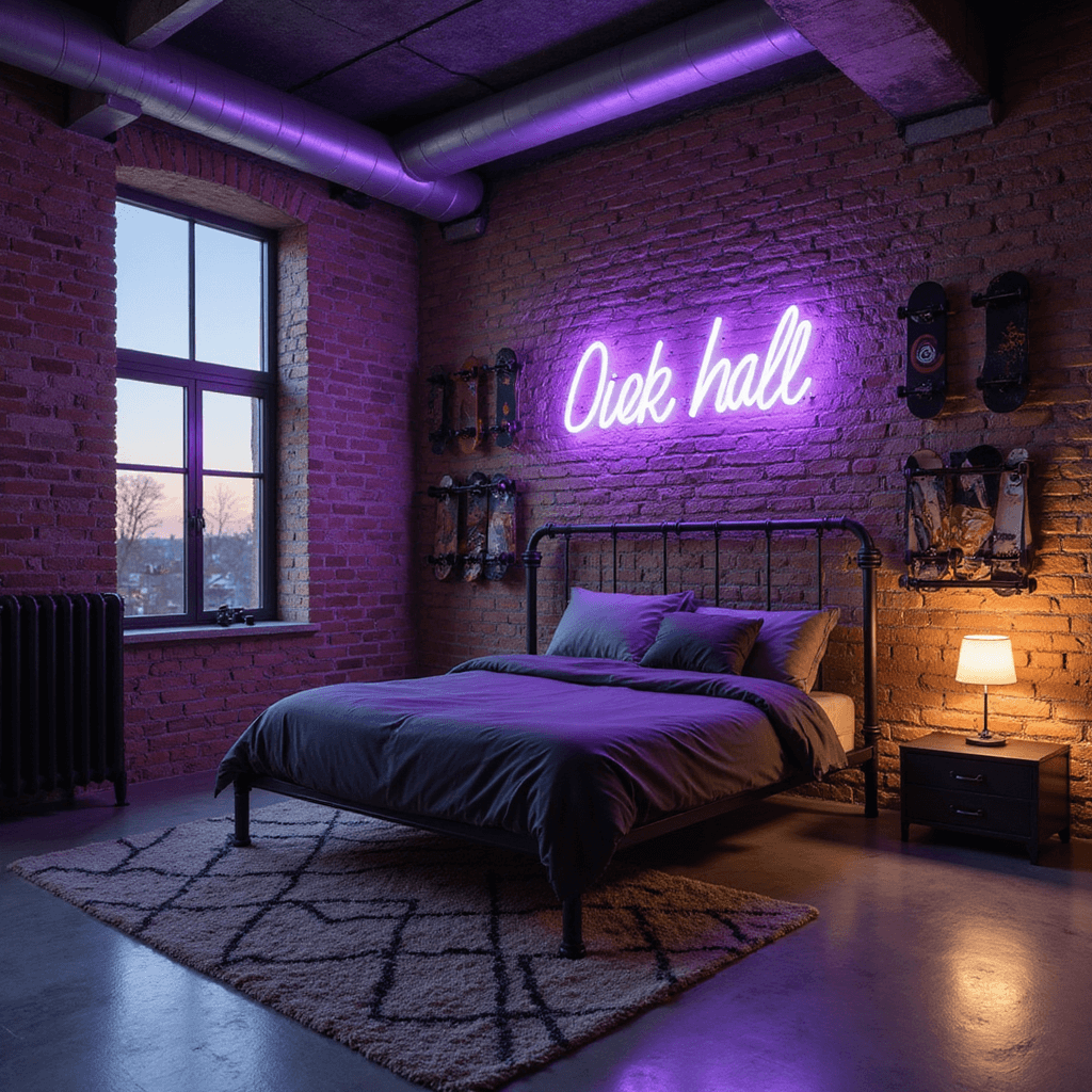 Wide-angle view of a 15x18ft loft-style bedroom at dusk, featuring exposed brick walls, a black steel bed frame under a neon art piece, industrial shelving with streetwear, polished concrete floors with geometric rugs, and moody LED lighting.