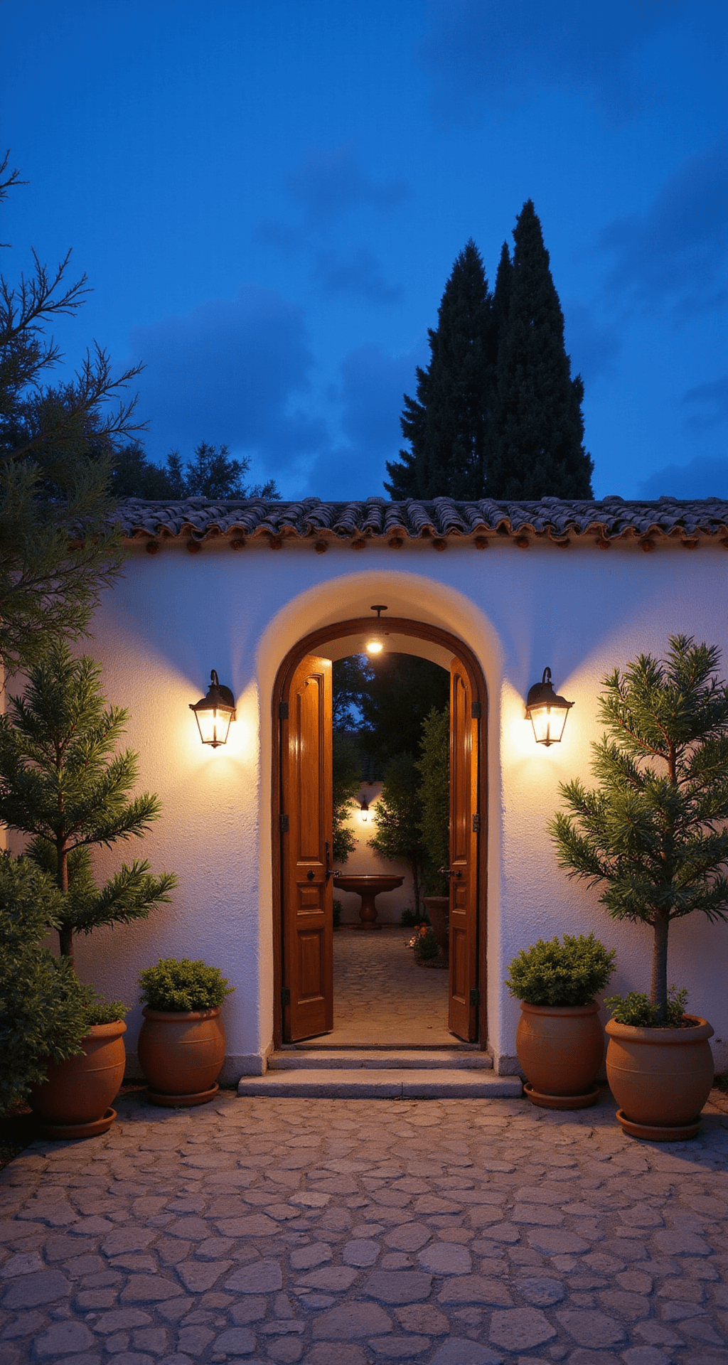 A Mediterranean courtyard entrance featuring antique wooden doors set in a whitewashed stone wall, flanked by terracotta pots with citrus trees. A cobblestone path leads to a fountain, with warm garden lights illuminating the scene against a deep blue twilight sky.