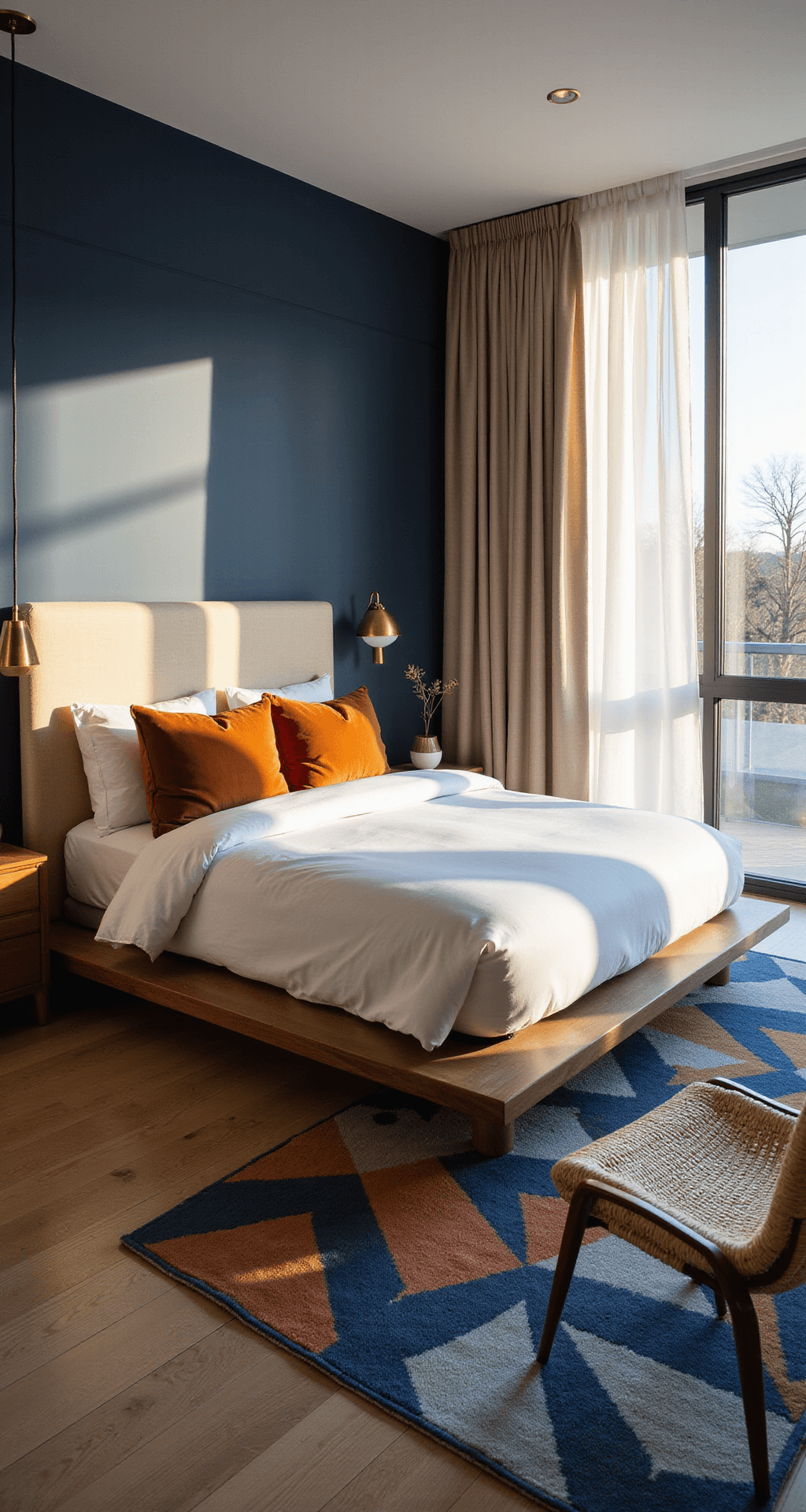 A spacious contemporary bedroom with a navy blue accent wall, modern platform bed in white linens, and burnt orange throw pillows, illuminated by golden hour sunlight through large windows, featuring brass pendant lights, a geometric wool rug, and a rattan chair.