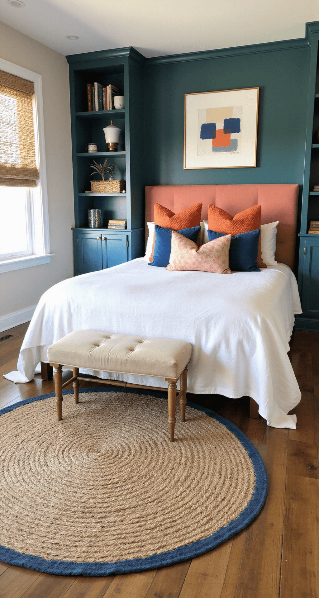 An overhead view of an intimate 12x12ft bedroom at dawn, featuring teal built-in bookshelves, a coral upholstered headboard, and white linen bedding with persimmon and cerulean throw pillows. A circular jute rug with a blue border is centered on oak flooring, complemented by a brass mirror and abstract artwork in blue and orange. Woven bamboo roman shades filter the diffused morning light.