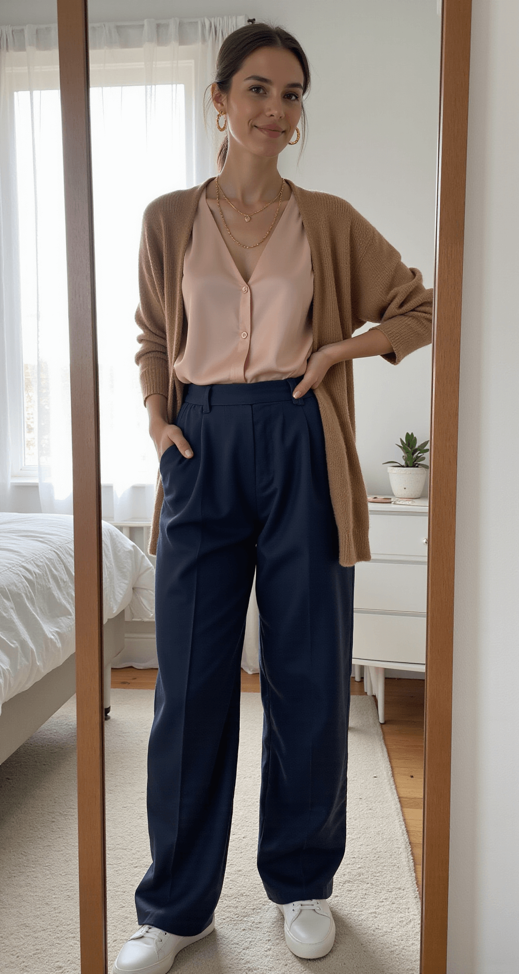 A woman stands in a minimalist bedroom with morning light filtering through sheer curtains, trying on gold jewelry while wearing high-waisted navy palazzo pants, a tucked-in blush silk blouse, and a camel cardigan over her shoulders. She stands before a full-length mirror, finishing her look with clean white sneakers.
