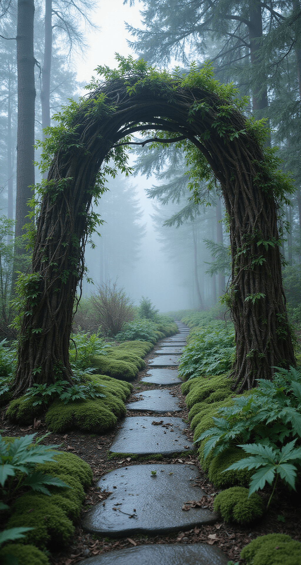 A serene woodland garden entrance shrouded in morning mist, featuring a natural branch archway made of silver birch and a moss-covered stone path lined with ferns and hostas. The scene is captured from ground level with a soft focus, showcasing ethereal light streaming through the branches and the distant trees in deep forest greens and blue-grey mist.
