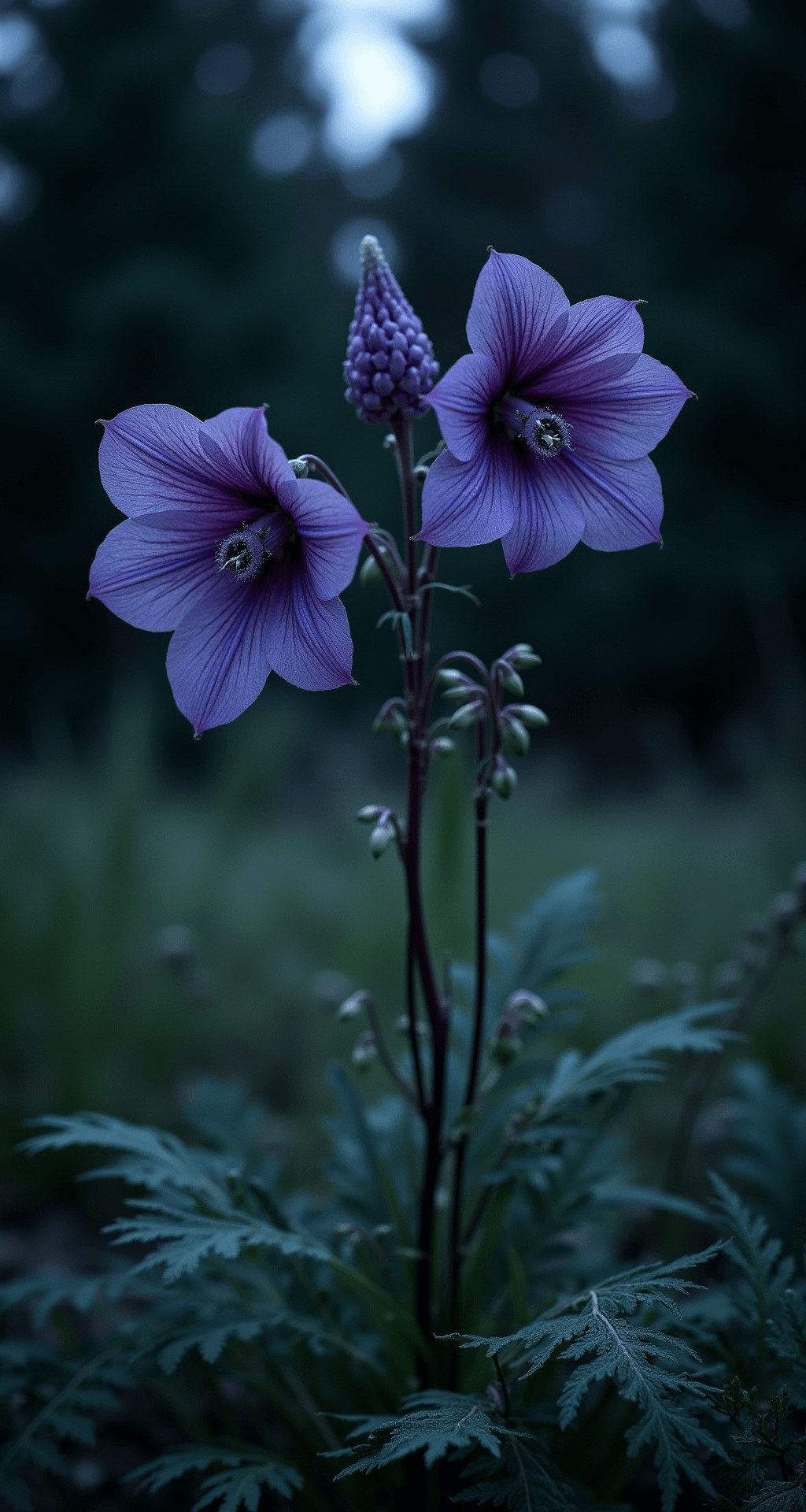 Mysterious woodland garden at dusk featuring Monkshood in an ethereal mood, with subtle lighting illuminating the toxic flowers against a dark evergreen backdrop, complemented by black mondo grass and silver-painted ferns, creating a gothic atmosphere of deep shadows and highlighted blooms in midnight blue, violet, silver, and forest green accents.