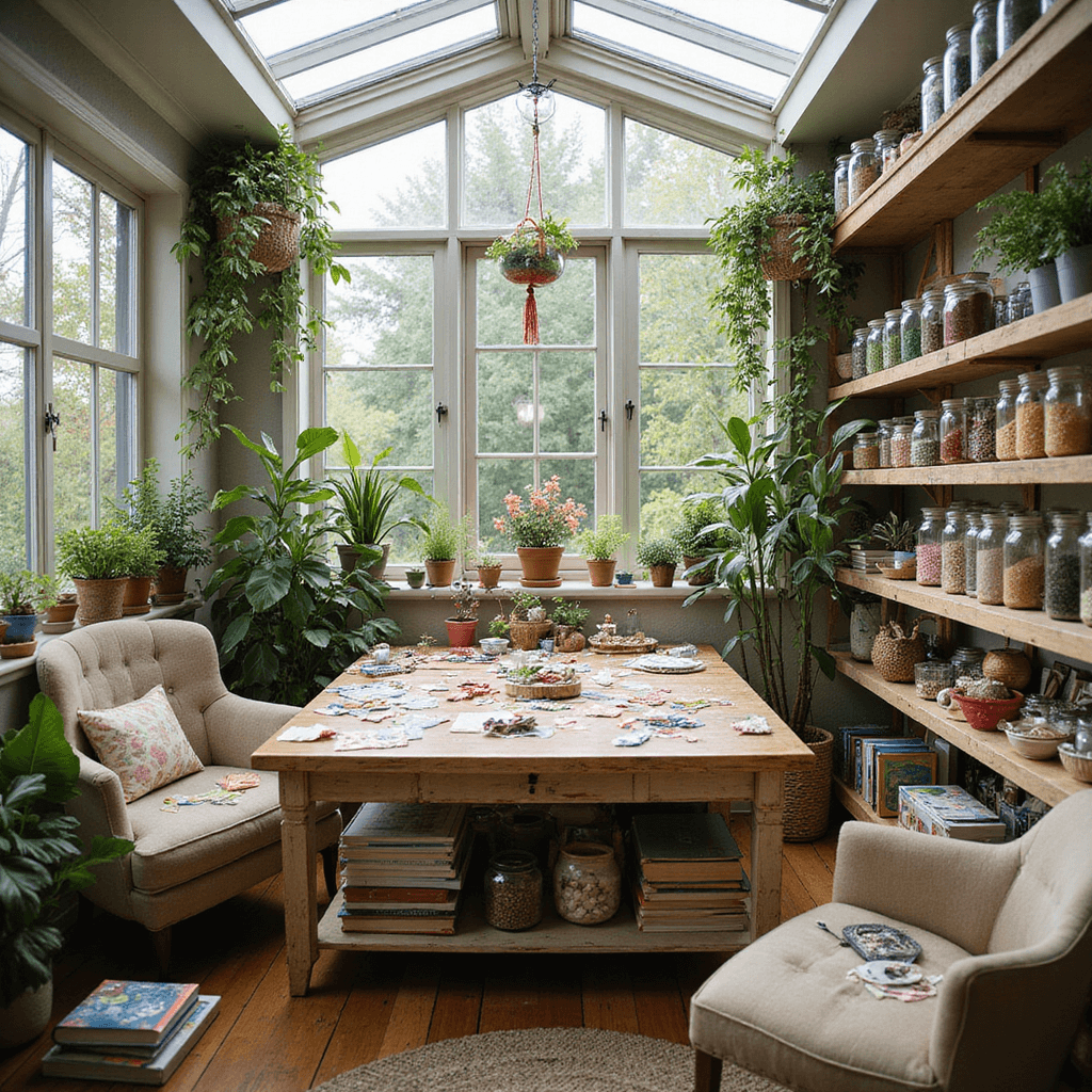 A sunroom workshop filled with natural light, featuring a large distressed wood worktable surrounded by colorful paper duck food projects, potted plants, and open shelving with craft supplies, along with a cozy reading nook in one corner.