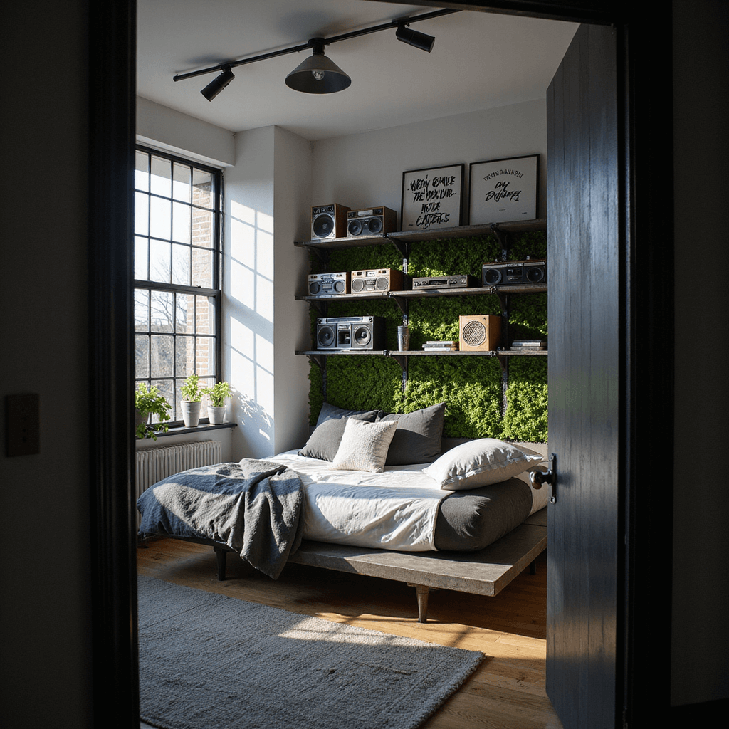 Intimate urban bedroom scene with filtered sunlight casting shadows on white walls adorned with hand-painted black typography art. A monochrome platform bed features charcoal linens and silver accents, while vintage boom boxes are displayed on raw steel shelving. A preserved moss wall adds organic texture, complemented by directional LED lighting.