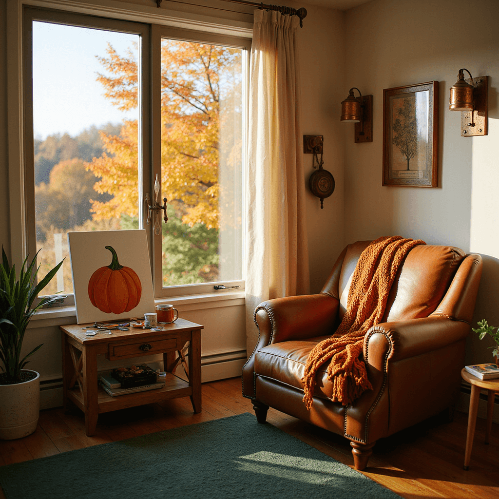 A warm and inviting living room corner featuring a bay window with fall foliage, an oversized cognac leather armchair draped with a burnt orange throw, a rustic wooden side table with a pumpkin painting and paint supplies, and a plush green area rug, all illuminated by golden hour light.