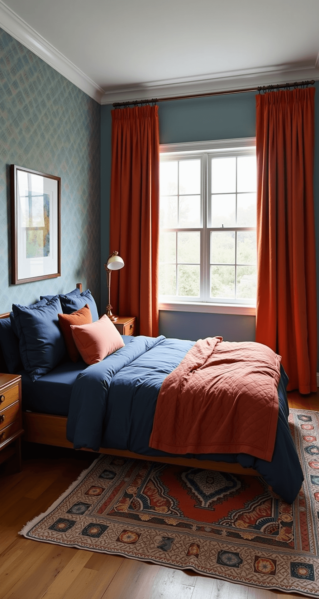 Corner view of a primary bedroom featuring powder blue wallpaper, floor-length orange velvet curtains, a king bed with a navy duvet and coral accent pillows, midcentury modern walnut nightstands, herringbone wood floors, a Moroccan-inspired area rug, and ambient lighting from a copper floor lamp at dusk.