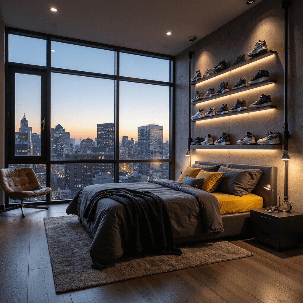 Corner perspective of a contemporary bedroom featuring a floor-to-ceiling window wall with city views, a low-profile bed with a concrete headboard and LED strips, a sneaker wall display with museum lighting, a distressed leather accent chair with a chrome side table, and a color palette of grays and blacks accented by electric yellow, all captured at twilight with a shallow depth of field.