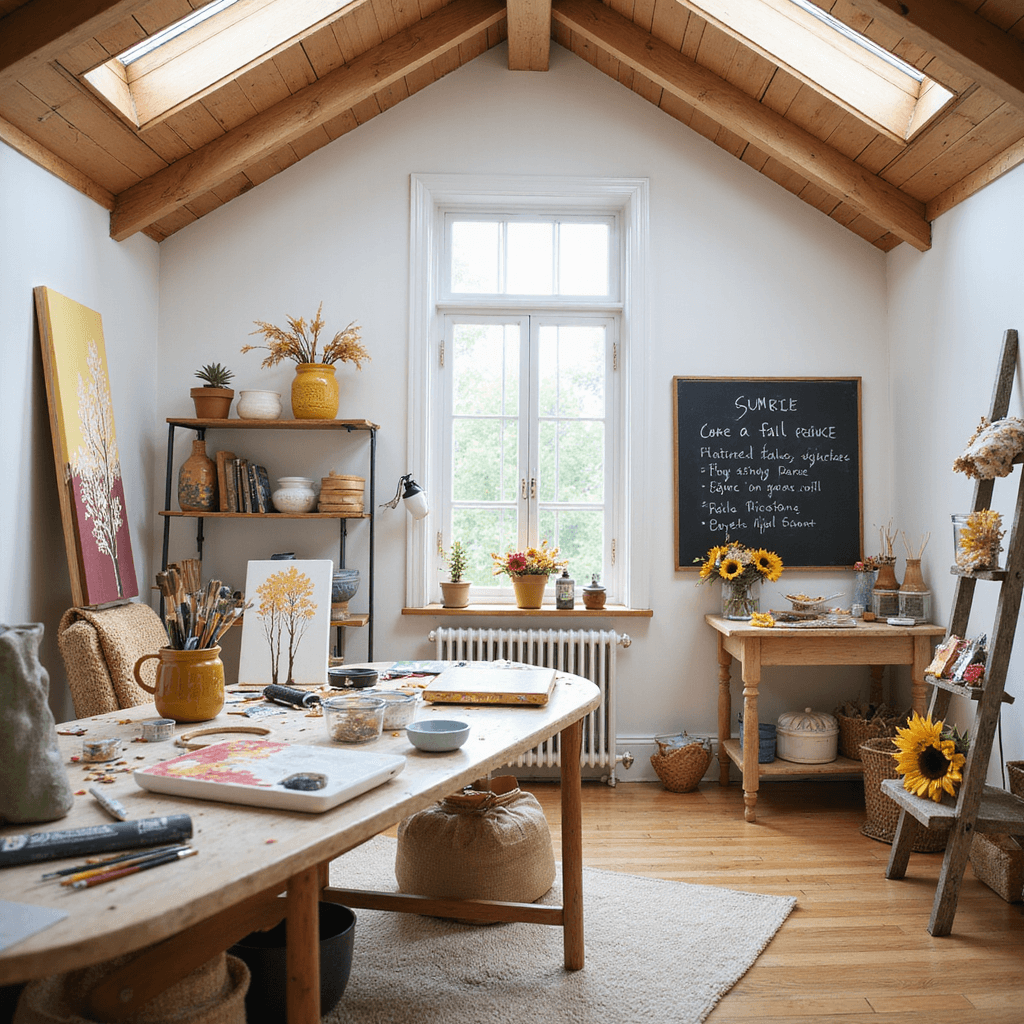 A bright craft room with vaulted ceilings and wooden beams, filled with natural light, featuring a central worktable covered in fall-themed art supplies, half-finished canvases, and mason jars of paintbrushes. A chalkboard lists autumn project ideas, while a vintage ladder serves as a drying rack for paintings. The color scheme includes whites, mustard yellow, burgundy, and sage green.