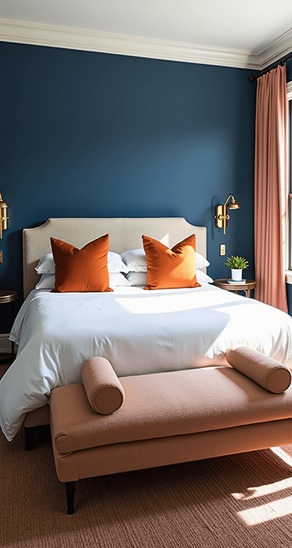 Sun-drenched bedroom featuring a Deep Royal Blue statement wall, a California king bed with white linens and orange gradient pillows, minimalist brass sconces, silk drapes, a bouclé accent chair, and a hand-knotted wool rug, all emphasizing the room's ceiling height and crown molding.