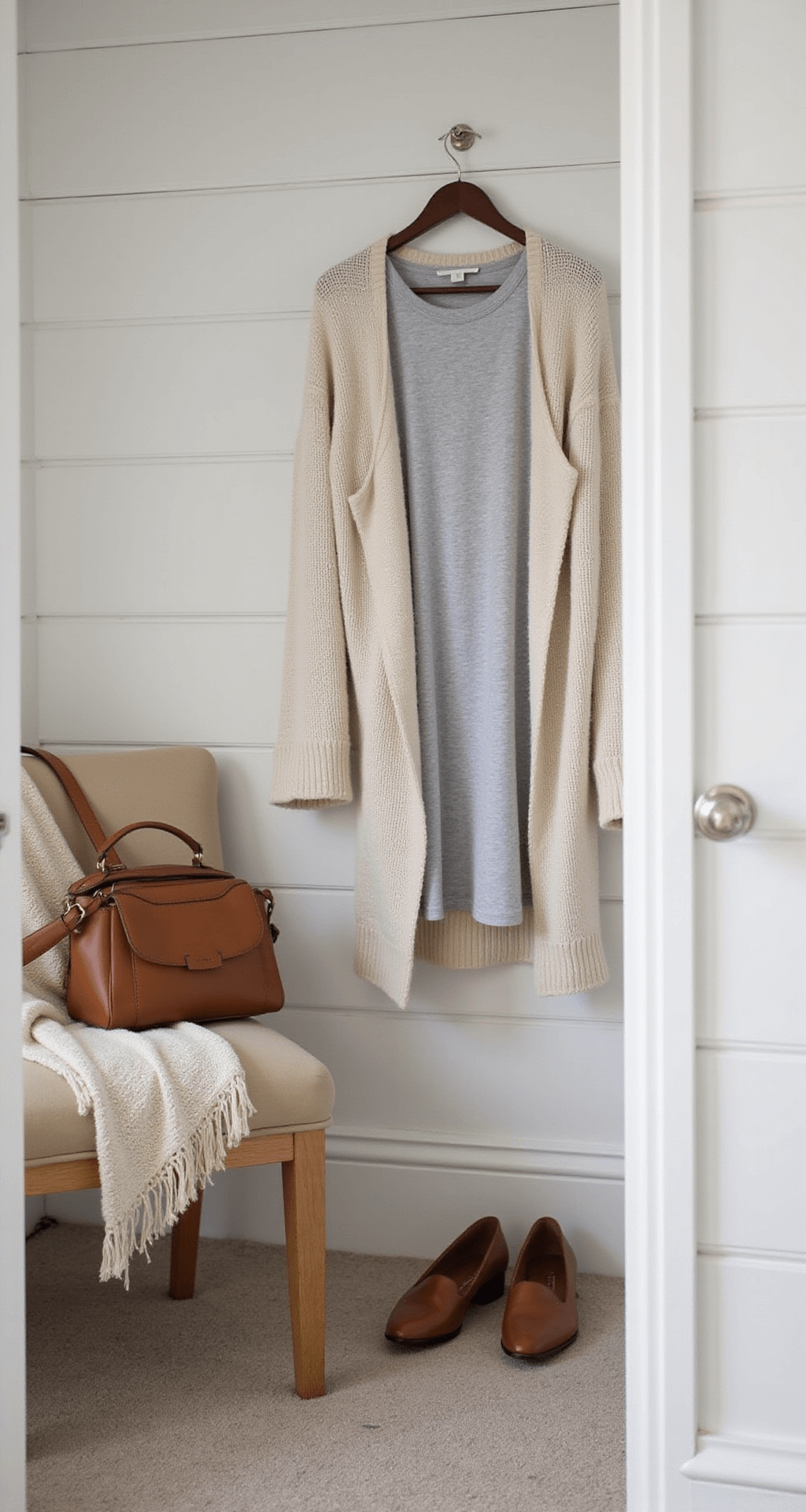 A bright dressing room featuring white shiplap walls, showcasing a light gray t-shirt dress with a cream knit cardigan on a velvet upholstered chair, alongside a thin brown belt, comfortable pointed-toe flats, and a cognac leather crossbody bag, all illuminated by soft morning light.