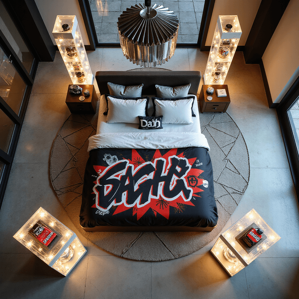 Overhead view of a contemporary 16x16ft bedroom featuring a circular platform bed with graffiti-style bedding in black, white, and red. The epoxy concrete floor showcases geometric patterns, with illuminated acrylic towers displaying street art collectibles in each corner. Mirror-polished chrome accents and a lighting fixture resembling urban infrastructure enhance the modern aesthetic.