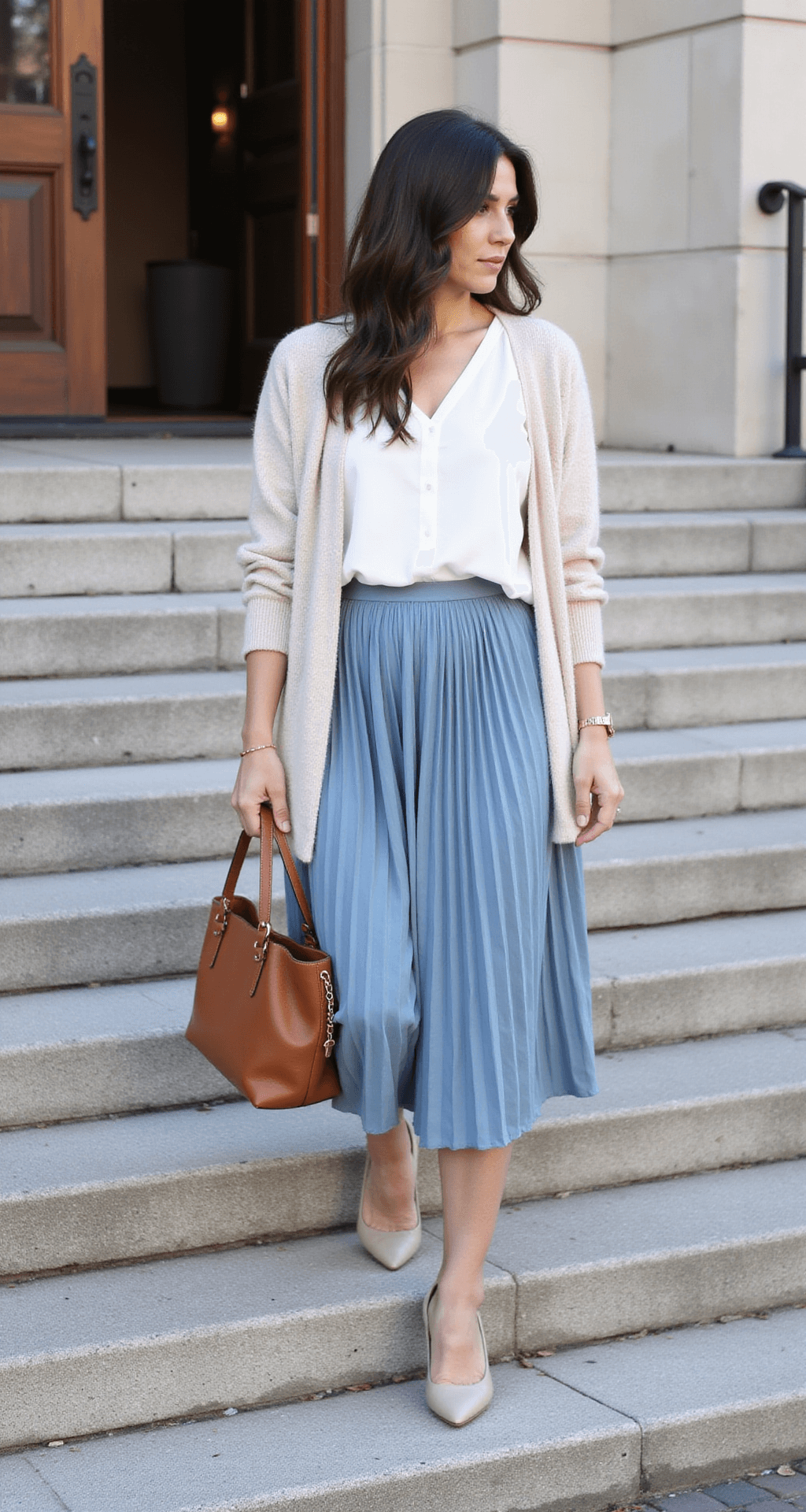 A woman in a dusty blue pleated midi skirt and a loose white silk blouse ascends stone steps at a contemporary church entrance, with a light beige cardigan draped over her shoulders, paired with neutral block heel pumps and carrying a structured leather tote, all beautifully illuminated by mid-morning natural light.