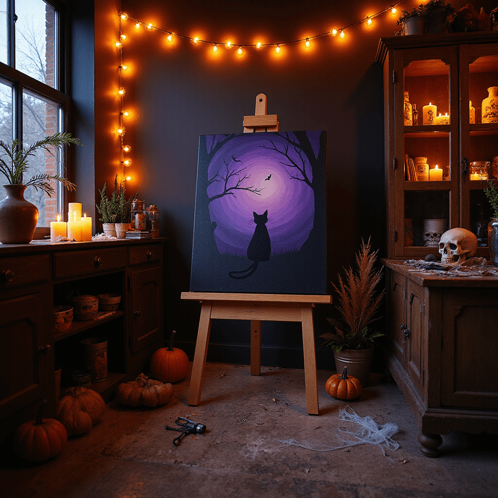 A dimly lit eclectic home studio for Halloween art projects, featuring a wooden easel with a black cat silhouette on a canvas, orange fairy lights, flickering candles, spooky props, and a vintage cabinet displaying Halloween-inspired art.