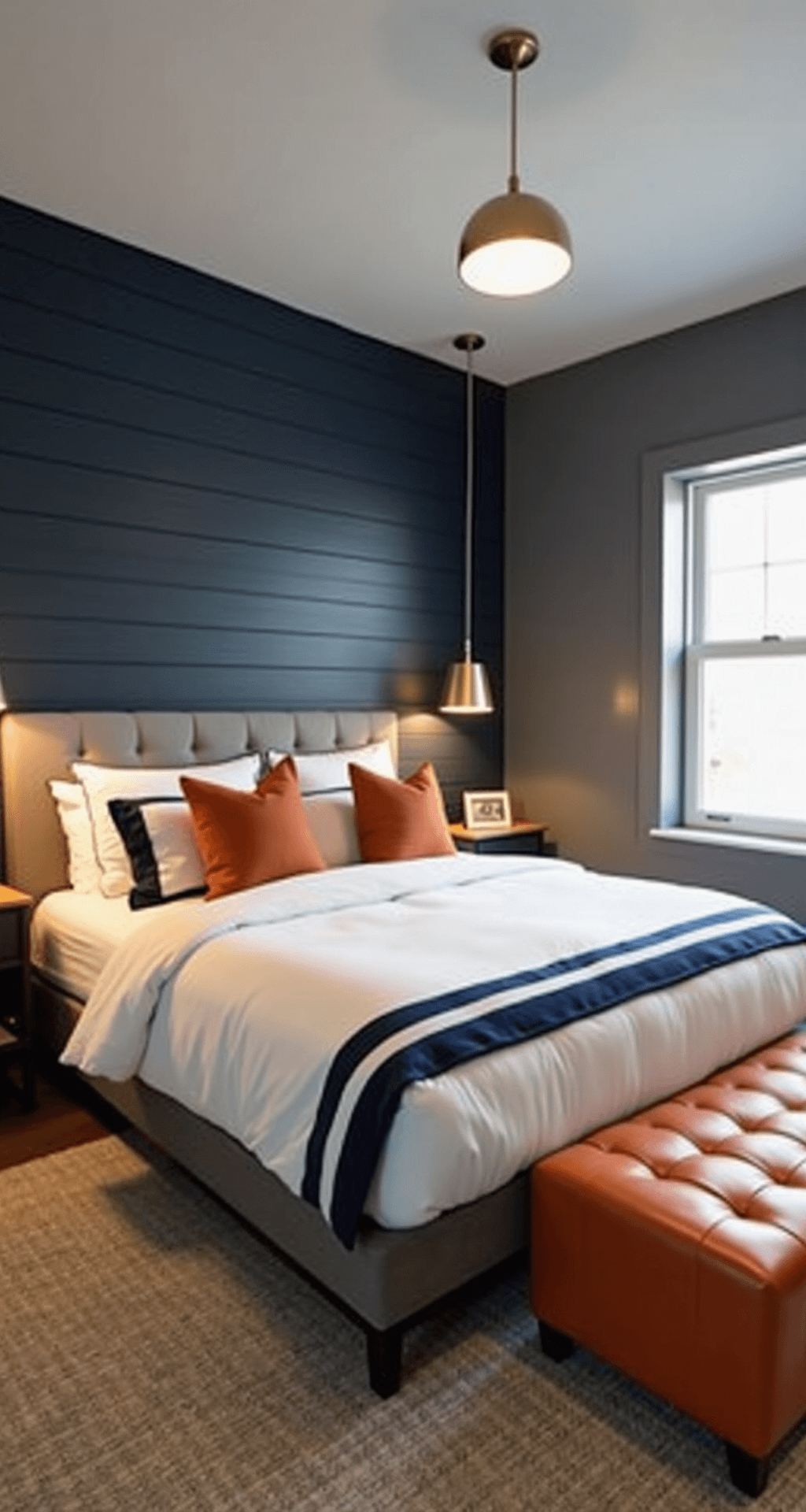 Modern bedroom featuring a charcoal blue shiplap accent wall, a tangerine leather reading chair and ottoman, and a platform bed with cloud-white linens, navy border, and burnt orange lumbar pillows, all illuminated in layered lighting during blue hour.