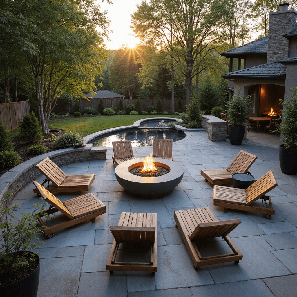 Aerial view of a luxurious suburban backyard patio during golden hour, featuring a sleek circular fire pit surrounded by modern teak loungers, warm grey stone pavers, LED landscape lighting, and mature bamboo privacy screens, enhanced by soft natural light and golden sunlight.