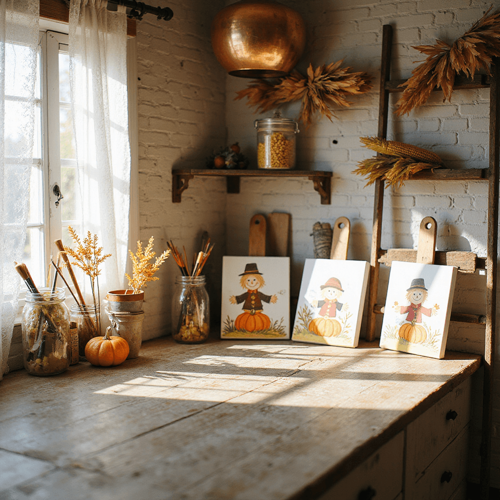 A cozy farmhouse kitchen featuring a DIY autumn craft station on a weathered wood island, with hand-painted canvases, mason jars filled with paintbrushes and leaves, and warm autumn colors, illuminated by late afternoon sunlight filtering through lace curtains.
