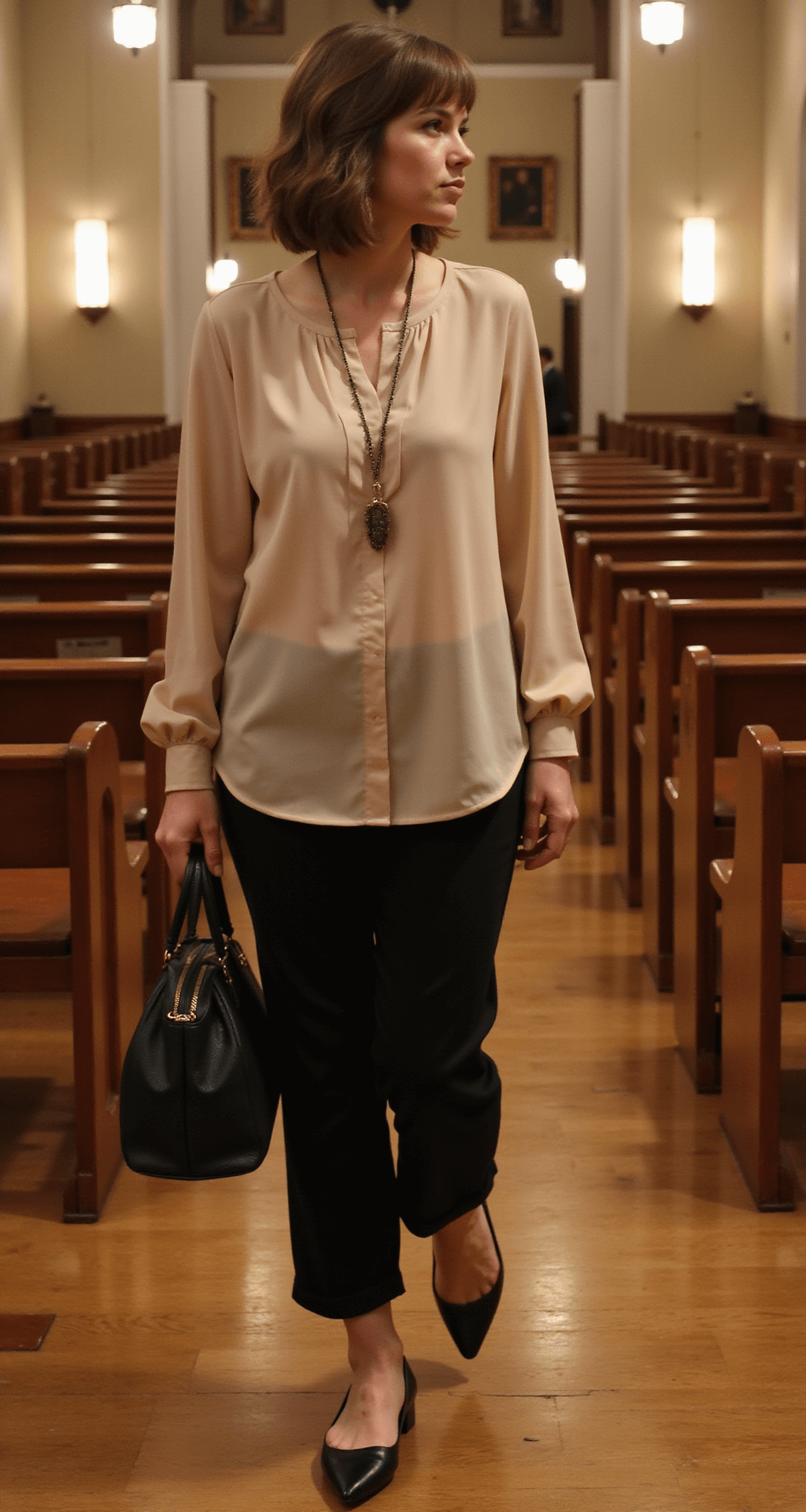 A woman in profile wearing tailored black dress pants and a flowing champagne-colored blouse stands in a warmly lit church fellowship hall, accessorized with a long pendant necklace and pointed toe flats, conveying elegant simplicity.