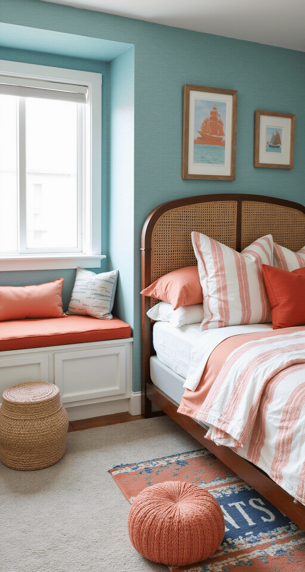 A coastal-inspired bedroom featuring seafoam blue walls and coral-striped bedding, with a rattan headboard, wide-angle view of a window seat with orange cushions, maritime artwork, jute poufs, and a vintage blue and orange rug.