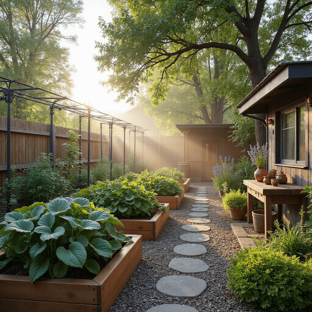 A picturesque suburban garden at dawn, featuring raised cedar beds arranged geometrically, steel arbors with climbing vegetables, lavender borders, and crushed granite paths, all illuminated by soft morning light.