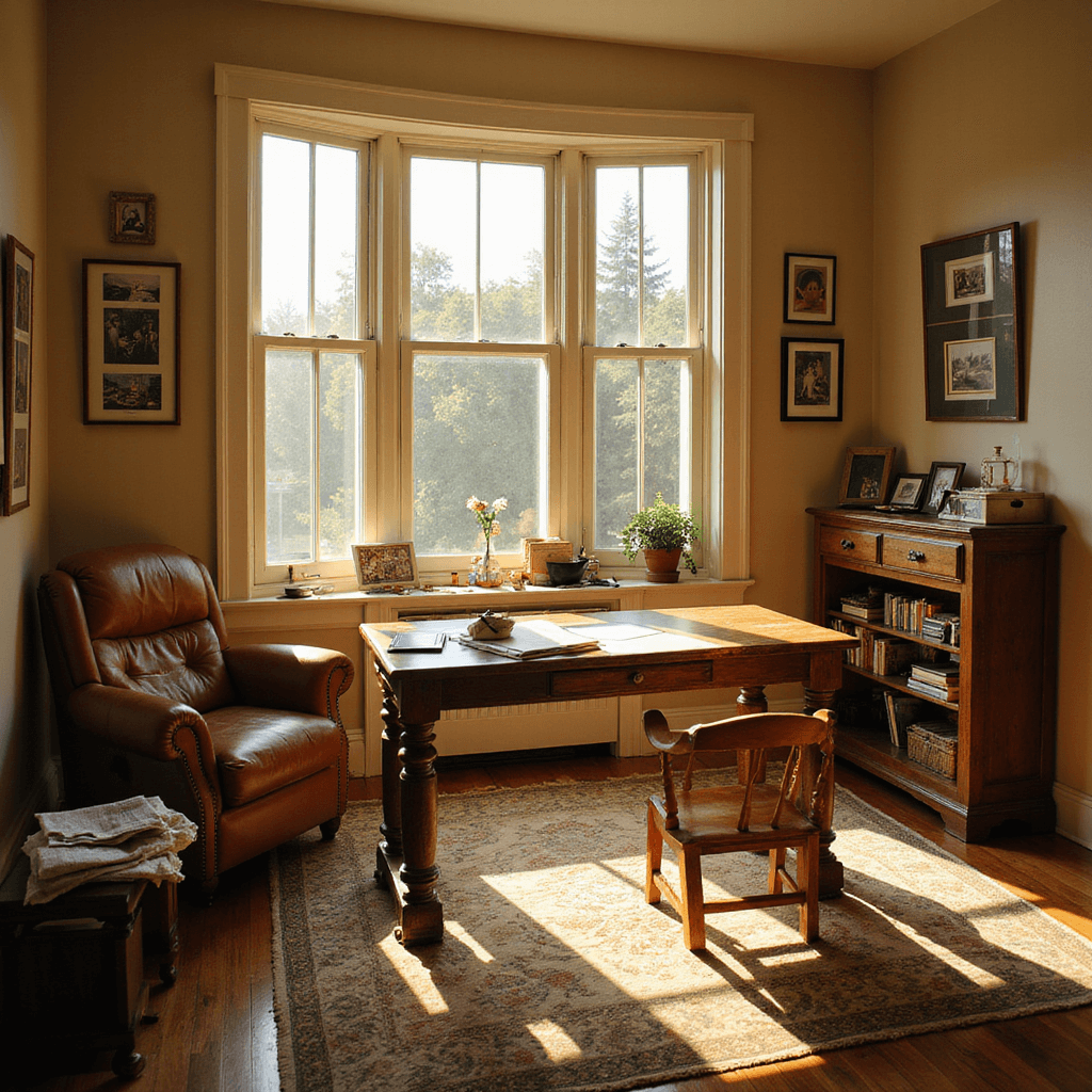 A sunlit home office featuring a rustic wooden desk with a handmade 'Dad's Favorite Things' coupon book, craft supplies, and warm beige walls adorned with family photos. A leather armchair holds a crumpled newspaper, all illuminated by golden light streaming through a large bay window.