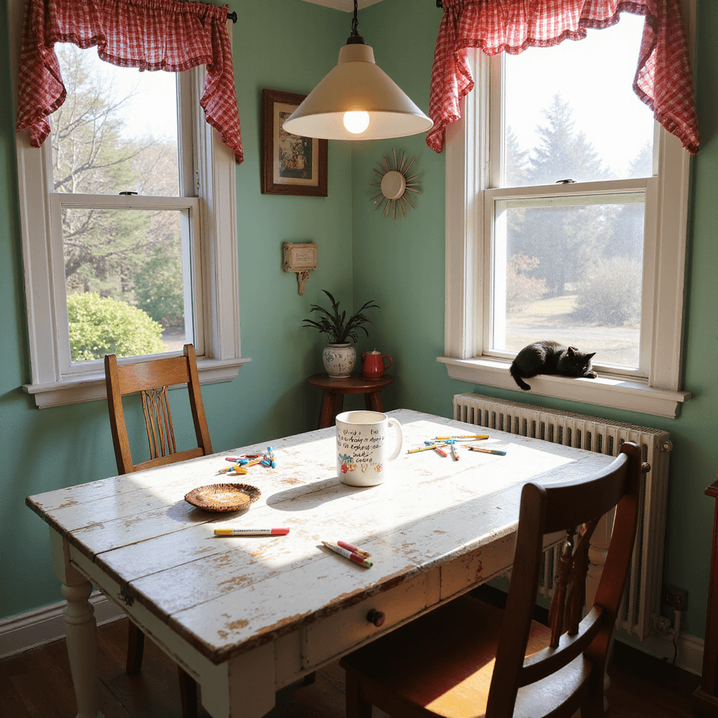 A cozy kitchen nook with a distressed white wooden table under a pendant light, featuring a personalized coffee mug with childlike drawings and a funny quote, surrounded by scattered ceramic markers and transfer paper. The mint green walls contrast with red gingham curtains, while a cat naps on a nearby windowsill. An overhead shot captures the soft, diffused lighting highlighting the mug's details.