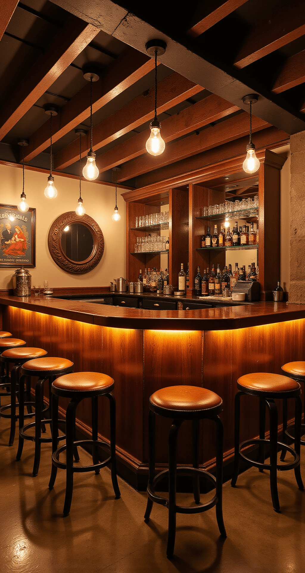 An industrial-chic basement pub with a curved copper-topped bar, illuminated by warm amber Edison bulbs. Rich walnut panels and polished concrete floors create a sophisticated atmosphere, while leather-wrapped barstools and antique mirrors enhance the speakeasy vibe. Crystal decanters glimmer on glass shelves.