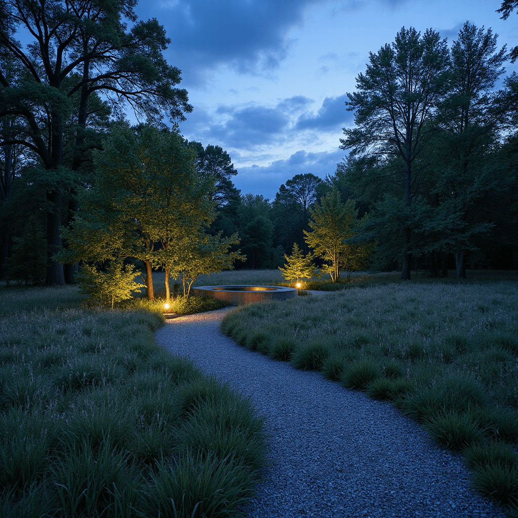 A twilight view of a sprawling naturalistic garden featuring a winding gravel path through native grasses, illuminated by uplighting on specimen trees. A stone water basin reflects the deep blues and silvers of dusk, capturing an immersive atmosphere.