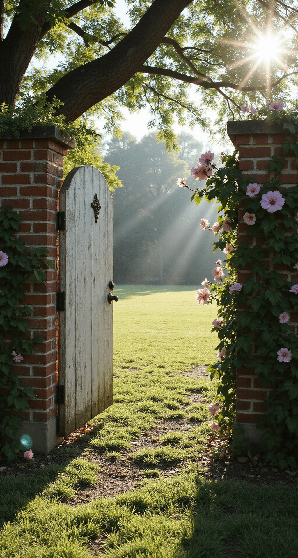 A sunlit garden entrance featuring a distressed white arched wooden gate between brick pillars, adorned with clematis vines and framed by soft pink climbing roses, with morning fog and dappled shadows from oak branches.