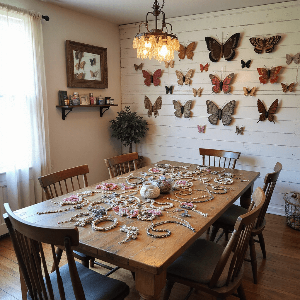 A cozy rustic farmhouse dining room converted into a crafting space, featuring a large harvest table adorned with yarn-woven butterflies, craft supplies, and a vintage chandelier casting warm light through sheer curtains. Whitewashed shiplap walls display finished crafts, while a collection of wire baskets holds additional materials.