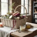 A sunlit crafting studio featuring a distressed whitewashed wicker gift basket filled with artisanal soaps and hand-poured candles, surrounded by spools of burgundy and sage green ribbon on vintage linen, with soft bokeh of organized craft supplies in the background.