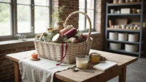 How to Make a Gift Basket: A Complete Guide A sunlit crafting studio featuring a distressed whitewashed wicker gift basket filled with artisanal soaps and hand-poured candles, surrounded by spools of burgundy and sage green ribbon on vintage linen, with soft bokeh of organized craft supplies in the background.