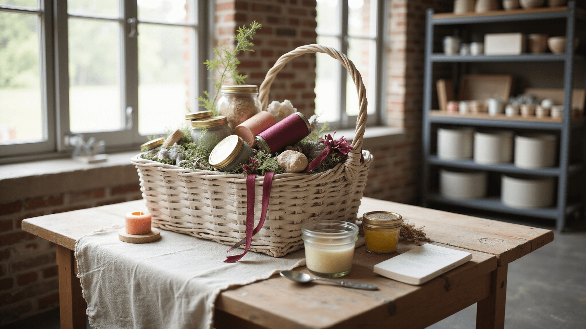A sunlit crafting studio featuring a distressed whitewashed wicker gift basket filled with artisanal soaps and hand-poured candles, surrounded by spools of burgundy and sage green ribbon on vintage linen, with soft bokeh of organized craft supplies in the background.