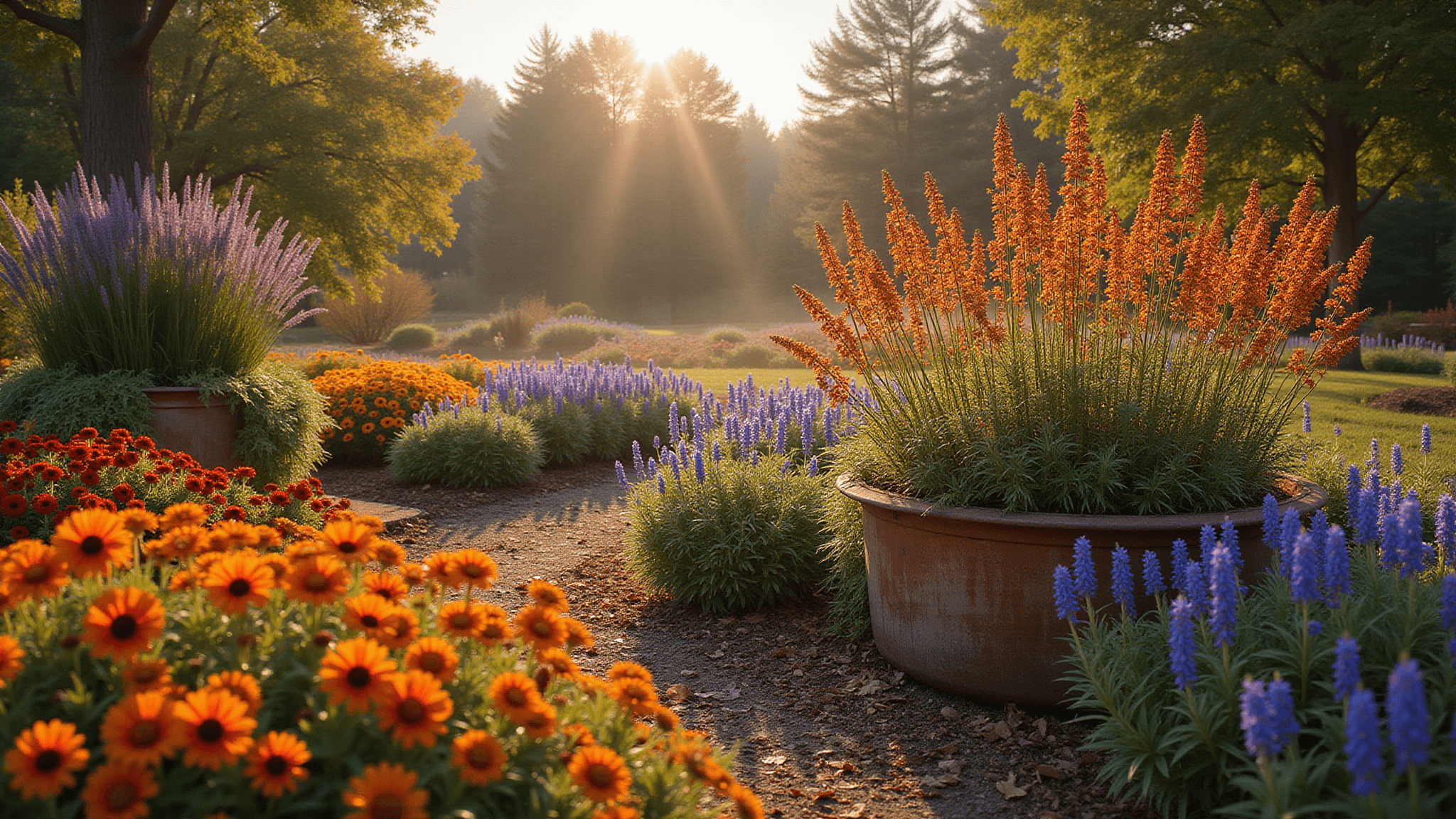 An ultra-wide garden landscape at golden hour, featuring vibrant African Daisies, cascading copper Calibrachoa, towering golden Goldenrod, deep purple Asters, and mysterious blue Monkshood flowers, all depicted in photorealistic detail with warm lighting and motion blur on Monarch butterflies.