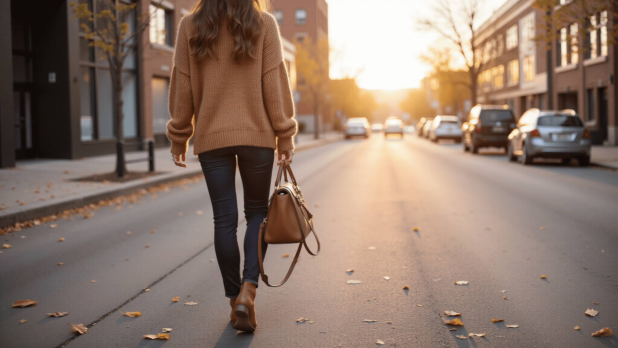 A fashionable woman in a camel oversized chunky knit sweater and dark wash jeans walks on a sunlit urban street during golden hour, surrounded by warm autumn colors and scattered maple leaves, with architectural elements in the background.