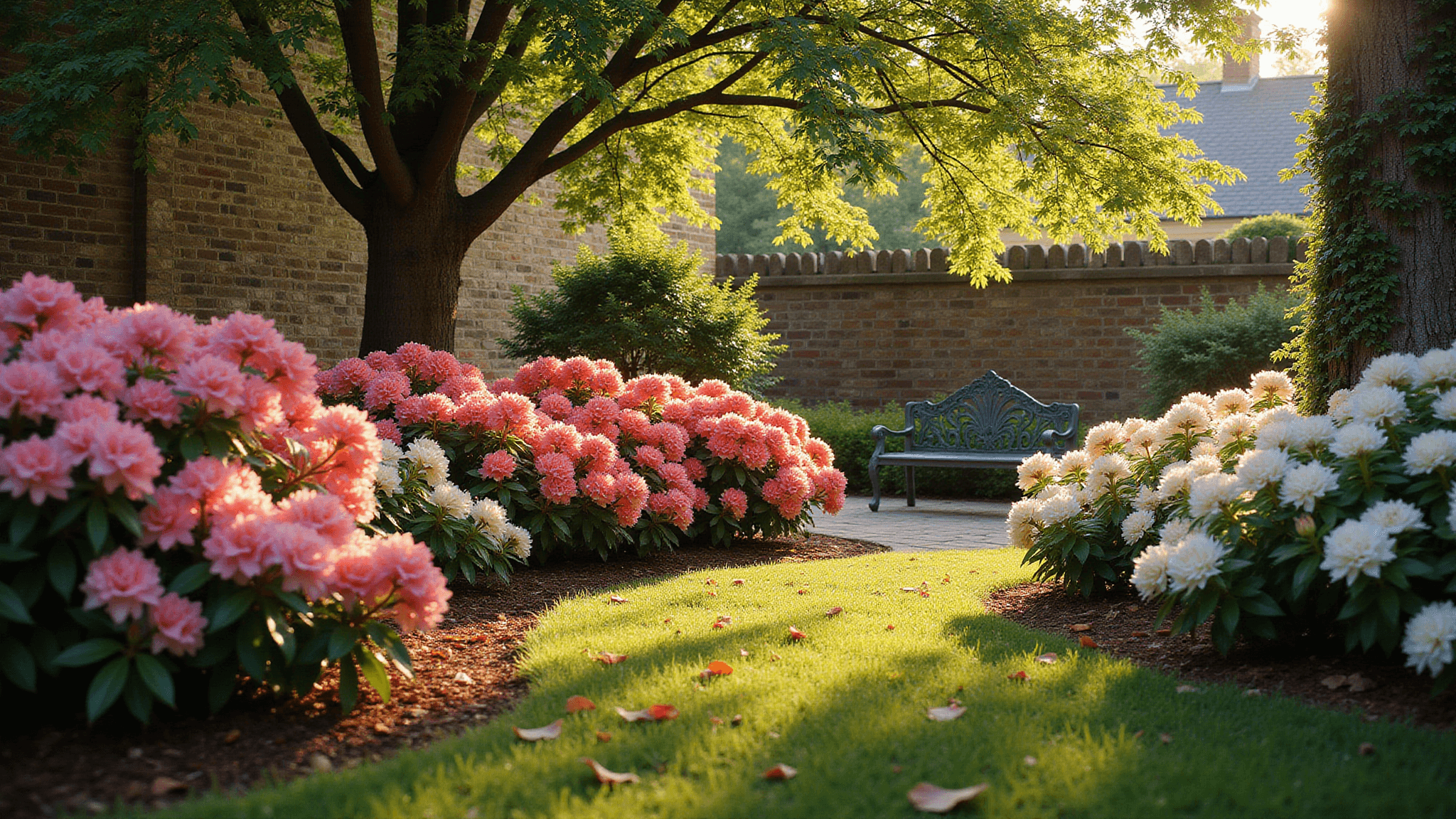 Photorealistic wide-angle shot of a vibrant azalea garden at golden hour, featuring pink, coral, and white blooms, with dappled sunlight filtering through maple trees and casting shadows on a brick wall. A natural mulch pathway leads to a Victorian wrought-iron bench amidst dewy grass and scattered leaves, captured in rich colors with soft bokeh and sharp detail.