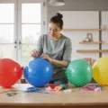 Photorealistic craft room scene featuring hands demonstrating the finger-twist technique on a vibrant latex balloon, with a spacious wooden work table, organized tools on a white pegboard, and colorful balloons scattered around, enhanced by diffused natural light and a warm atmosphere.