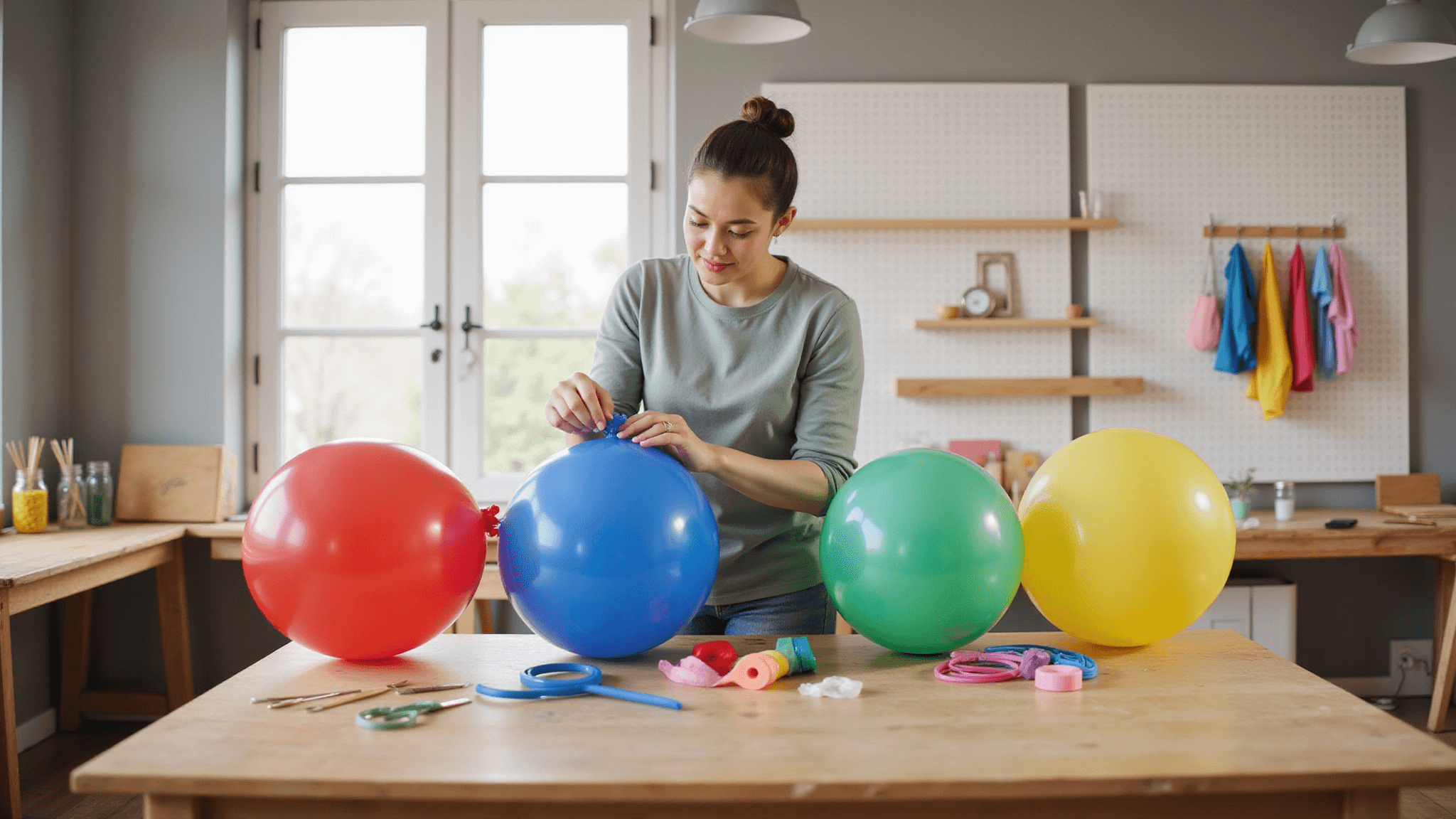 Photorealistic craft room scene featuring hands demonstrating the finger-twist technique on a vibrant latex balloon, with a spacious wooden work table, organized tools on a white pegboard, and colorful balloons scattered around, enhanced by diffused natural light and a warm atmosphere.
