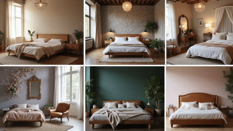 A cinematic compilation of six distinct bedroom styles in a high-end interior design magazine layout, featuring minimalist, vintage romance, rustic, whimsical, coquette elegance, and dark academia designs, each with unique lighting and details.