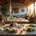 A bohemian craft studio with vaulted wooden ceilings, warm afternoon light, a weathered workbench adorned with fresh and dried flowers, tools for crafting a flower crown, and decorative macramé and greenery in the background.