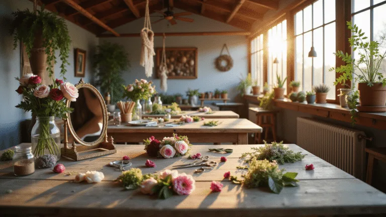 A bohemian craft studio with vaulted wooden ceilings, warm afternoon light, a weathered workbench adorned with fresh and dried flowers, tools for crafting a flower crown, and decorative macramé and greenery in the background.