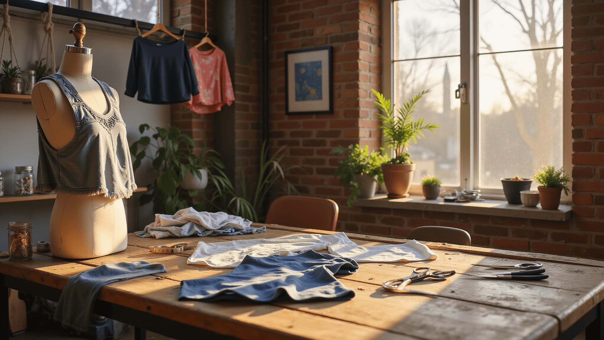 Photorealistic image of a sunlit bohemian craft studio with exposed brick walls, showcasing a wooden workstation filled with transformed t-shirts, scissors, and crafting tools, complemented by a mannequin displaying a chic cropped t-shirt, all highlighted by warm golden hour light and artistic decor elements.