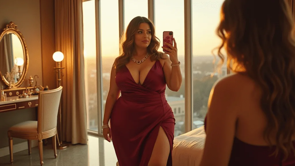 Plus-size model in a burgundy satin midi dress with cowl neck and thigh-high slit, taking a mirror selfie in a luxurious bedroom during golden hour, with soft light highlighting gold accessories and a glamorous vanity table.