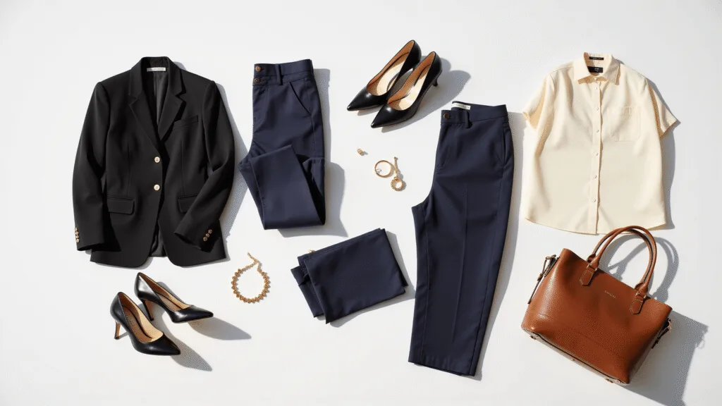 Flat lay of business casual wardrobe essentials including a black blazer, navy tailored pants, cream silk blouse, and leather pumps on a white background, enhanced by natural sunlight and minimal gold jewelry and a structured leather tote.