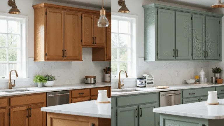 Split-scene image showcasing the transformation of kitchen cabinets from original oak to freshly painted sage green, with organized painting supplies, natural light, and stylish decor elements.