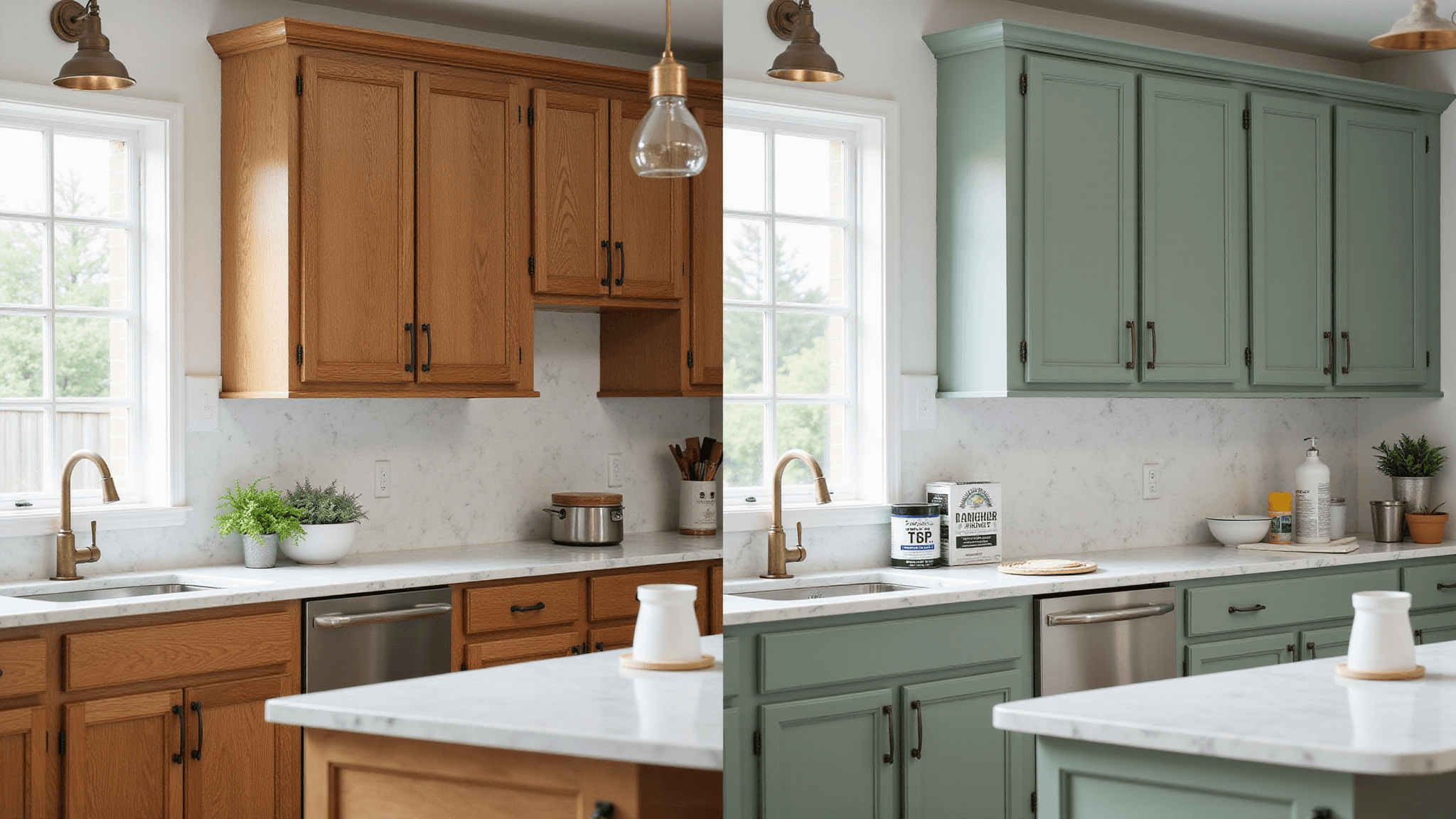 Split-scene image showcasing the transformation of kitchen cabinets from original oak to freshly painted sage green, with organized painting supplies, natural light, and stylish decor elements.
