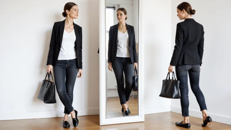 Fashionable woman in her 30s wearing a black blazer, white t-shirt, and dark jeans, posed in a sunlit minimalist studio with a full-length mirror reflection, showcasing a clean and modern aesthetic with leather accessories.
