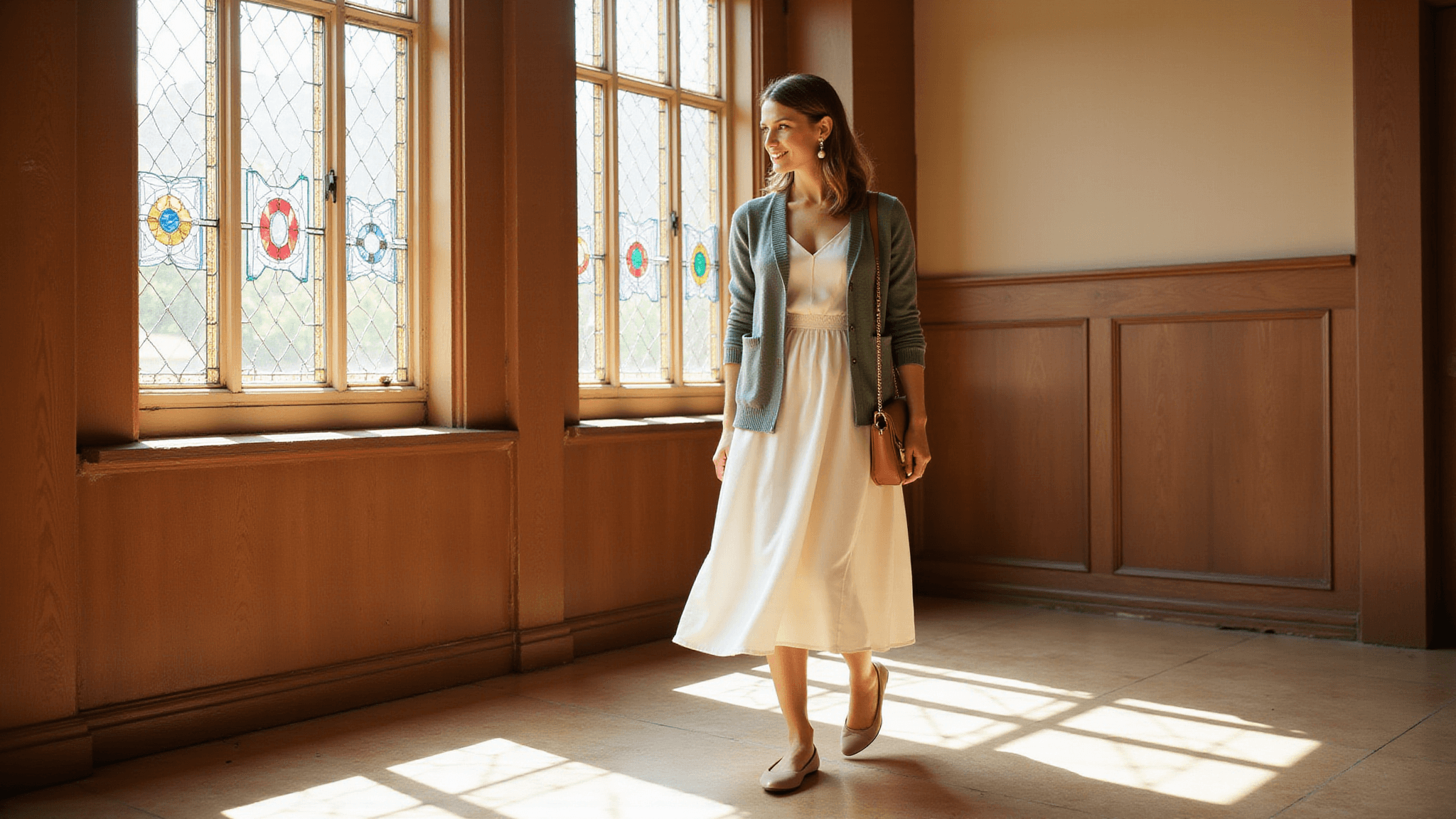 A young woman in a cream midi dress and sage green cardigan stands in a sunlit church foyer, with stained glass windows casting soft light, accessorized with pearl earrings and nude flats.