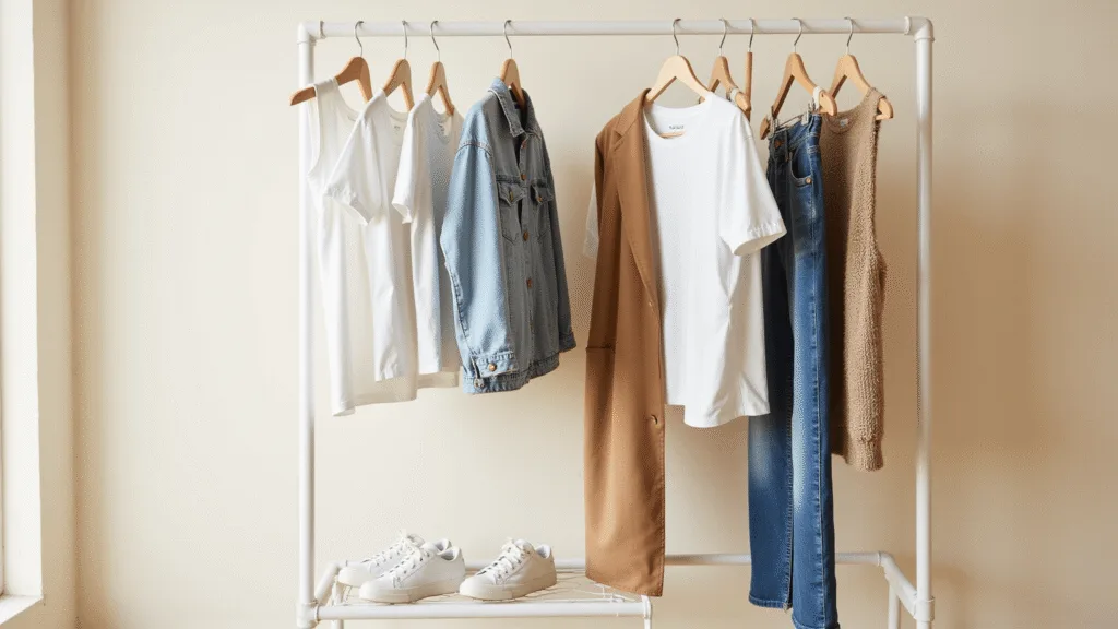 A minimalist clothing rack against a cream wall showcases essential casual wardrobe items, including white t-shirts, a light wash denim jacket, a camel blazer, high-waisted jeans, a neutral cardigan, and white sneakers, all beautifully arranged with soft natural lighting creating gentle shadows.